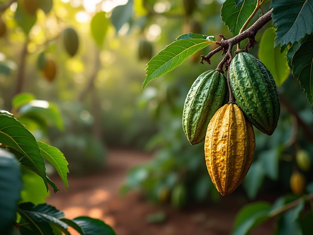 Close-up of ripe cacao pods hanging on a tree in a sunlit plantation.