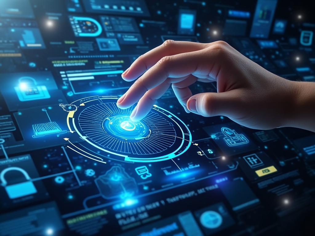 Hand interacting with futuristic digital interface, featuring holographic elements and data visualization.