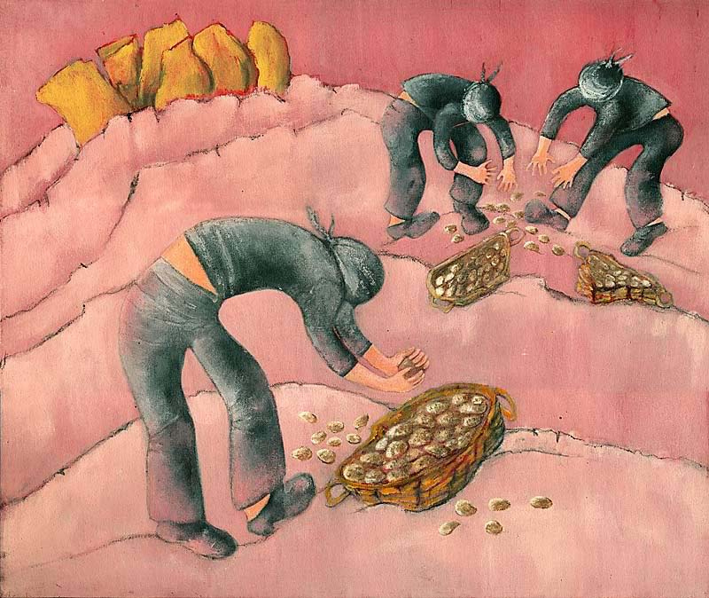 nostalgic painting of Pembrokeshire potato pickers by Welsh artist Muriel Williams