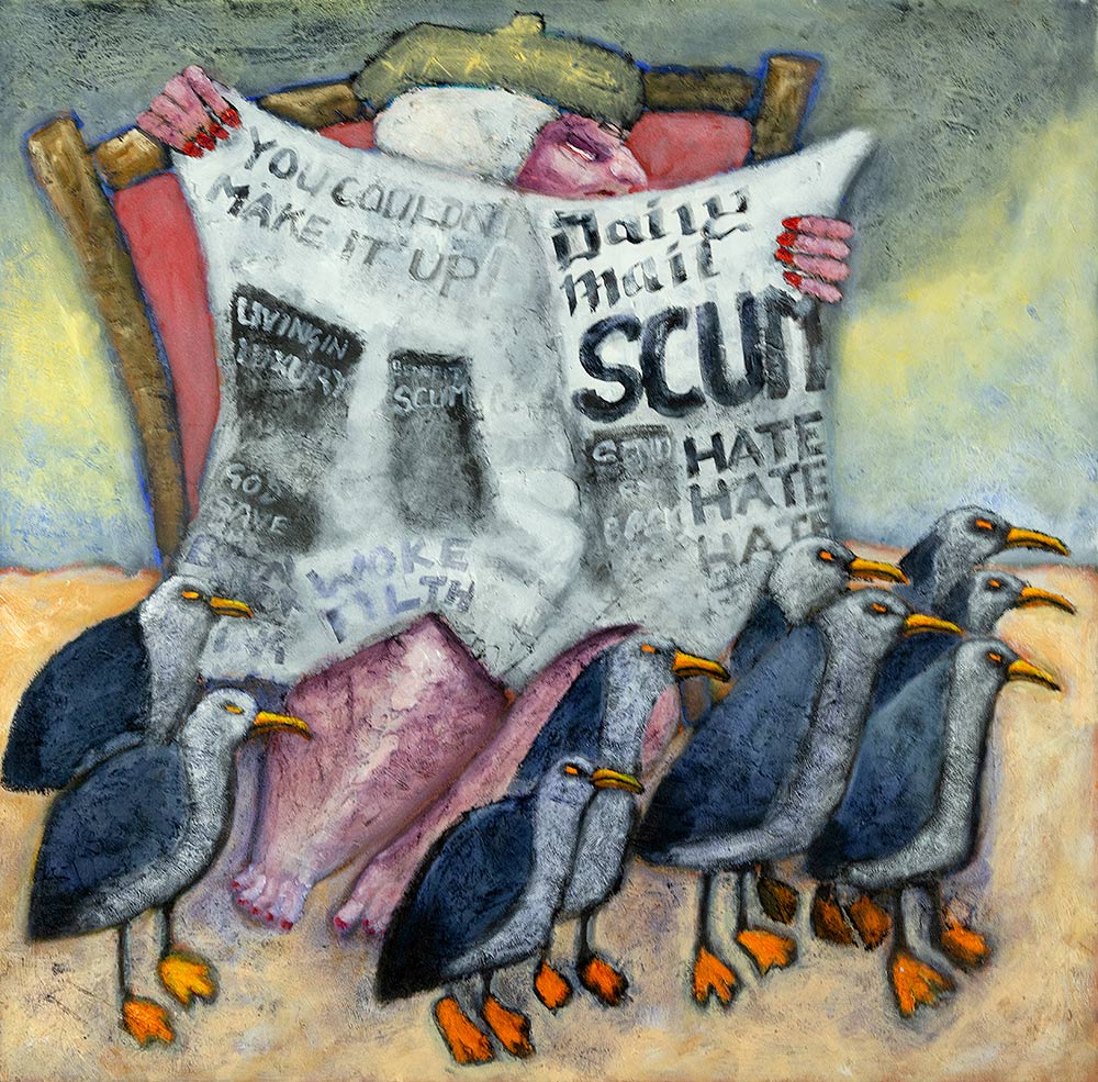 Painting of a bigoted old lade reading a tabloid newspaper surrounded by seagulls looking with hatred at something out of view