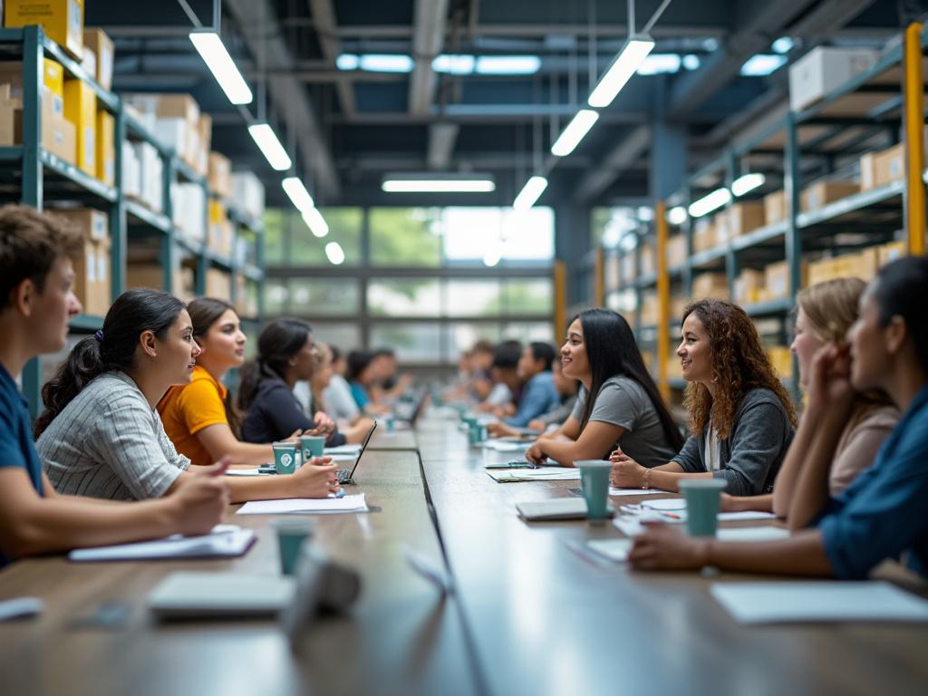 Group of people sitting at a long table in a spacious warehouse-like setting, with laptops and notebooks, engaging in discussion and teamwork.