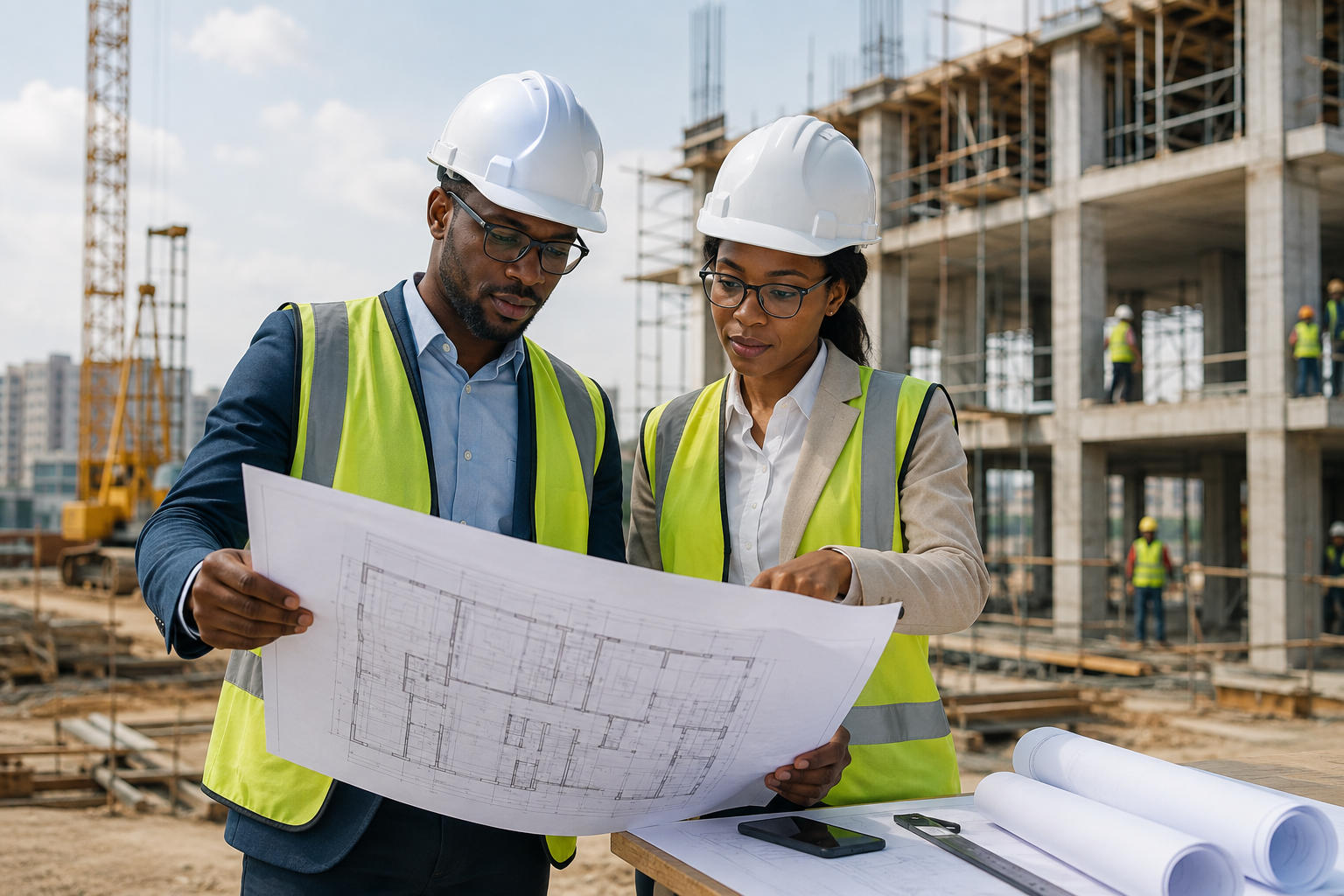 Construction engineers reviewing blueprints as workers install solar panels on a commercial building with scaffolding