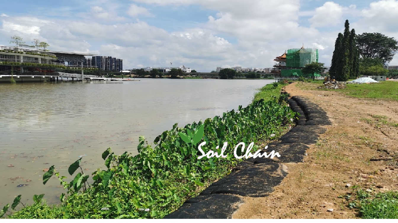 Urban lakeside shoreline with Soil Chain erosion control, green vegetation, buildings, and construction under a cloudy sky Urban lakeside shoreline with Soil Chain erosion control, green vegetation, buildings, and construction under a cloudy sky