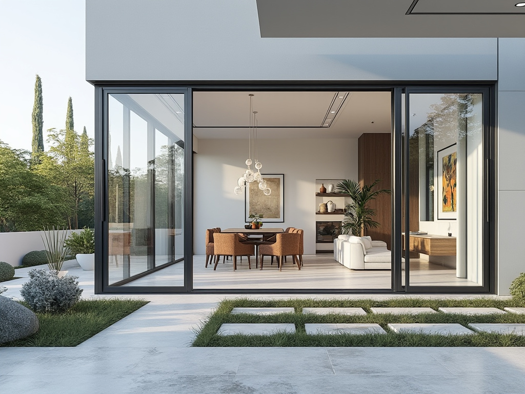Casa moderna com fachada de vidro, jardim minimalista e interior com sala de jantar e sala de estar.